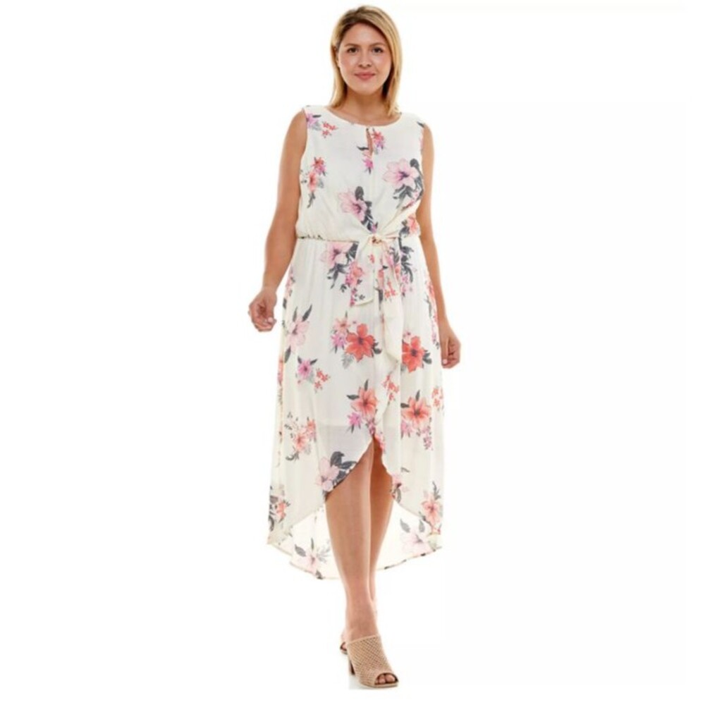Luxology Womens 1X Floral High Low Dress Cream Pink Sleeveless Tie Waist